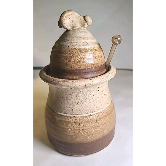 Wagner Village Pottery Glazed Honey Pot and Wooden Dipper Hand Made Signed - Picture 8 of 9